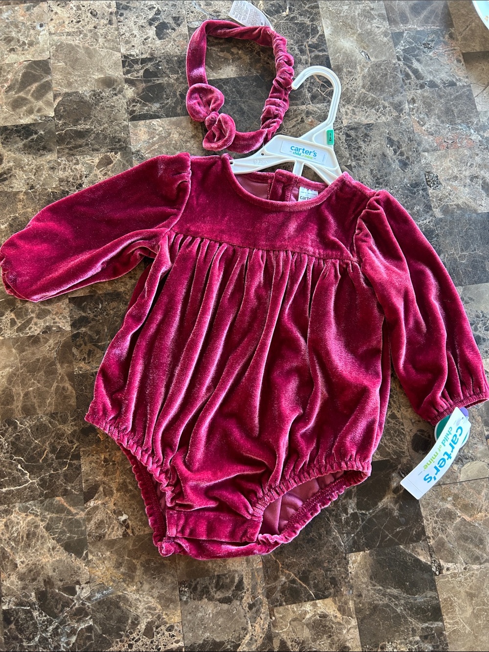 NWT 🆕 Carter's Velvet Long-Sleeve One-Piece in Berry Pink with Headband 3-6 mths